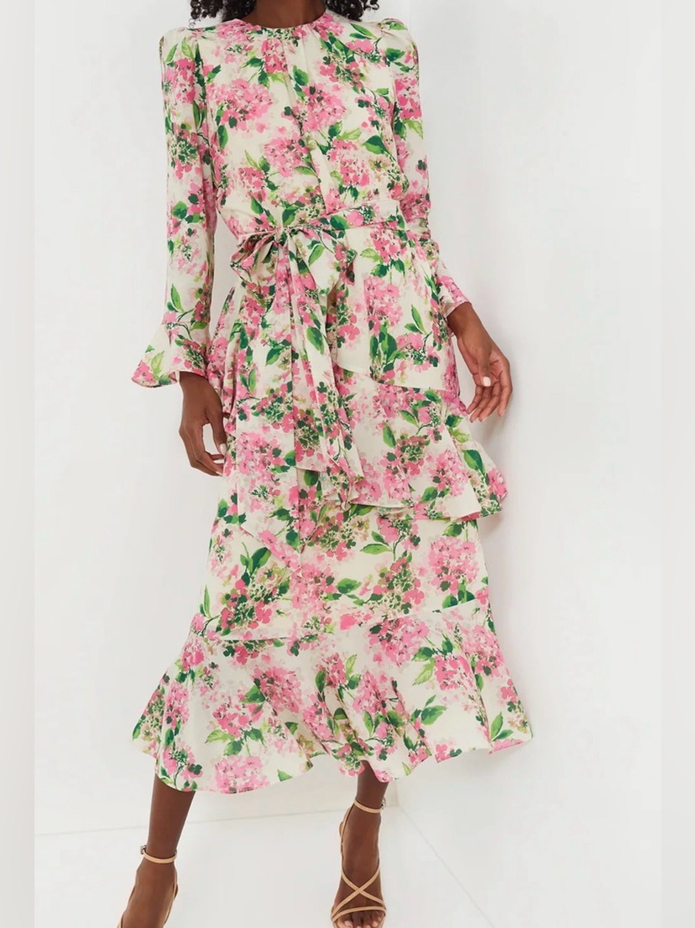Tuckernuck Pink Hydrangea Floral Chiffon Ruffle A-Line maxi Dress Sz M -no stash